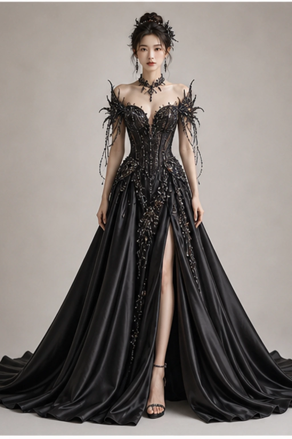 Scorpio Black Crystal Gown · Kurzer Editorial-Look